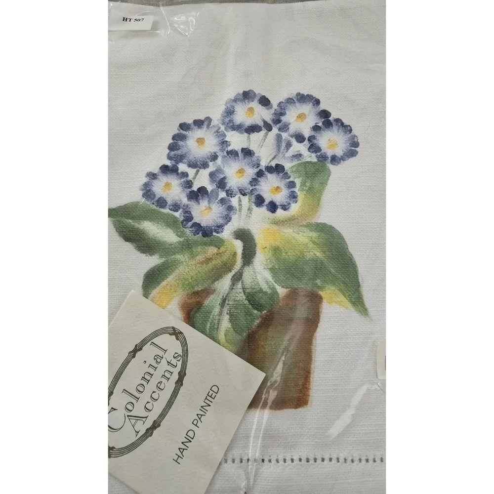 New Lot Of 2 Handpainted Finger Tip Towels Blue Potted Flower Cottagecore Cotton